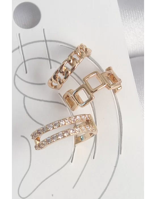 Pirinç Gold Renk Zirkon Taşlı Kare Zincir Model Kadın Kıkırdak Küpe