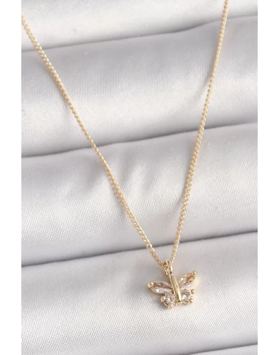 Pirinç Gold Renk Zirkon Taşlı Kelebek Model Kadın Kolye