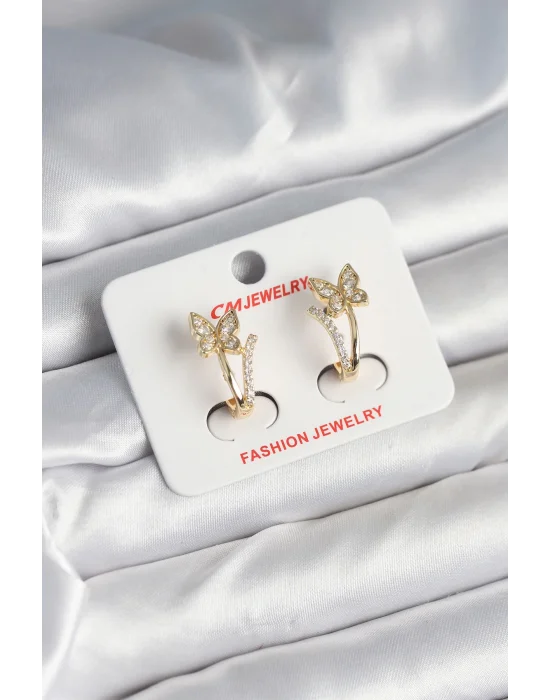 Pirinç Gold Renk Zirkon Taşlı Kelebek Model Kadın Küpe