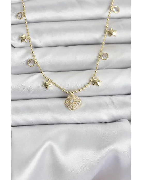 Pirinç Gold Renk Zirkon Taşlı Kutup Yıldızı Model Kadın Kolye