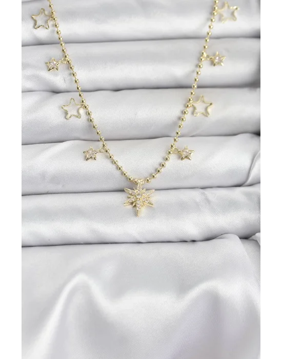 Pirinç Gold Renk Zirkon Taşlı Kutup Yıldızı Model Kadın Kolye