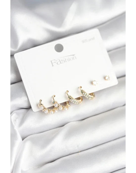 Pirinç Gold Renk Zirkon Taşlı ve İncili Model 925 Ayar Gümüş Çivi Kadın Küpe Seti