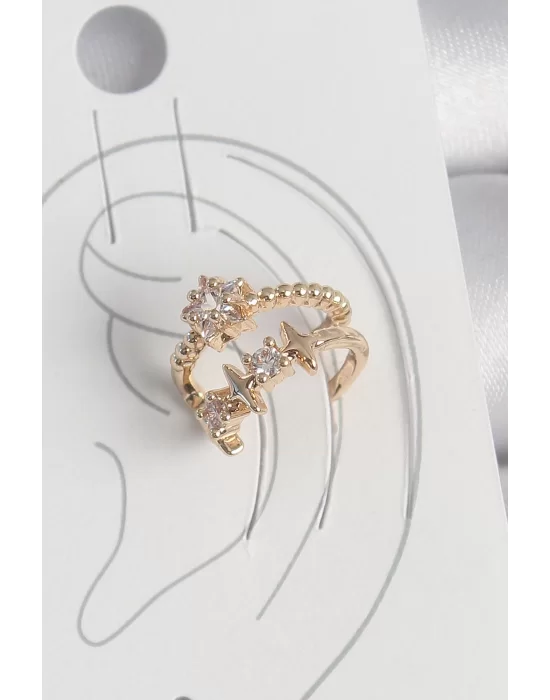 Pirinç Gold Renk Zirkon Taşlı Yıldız Model Kadın Kıkırdak Küpe