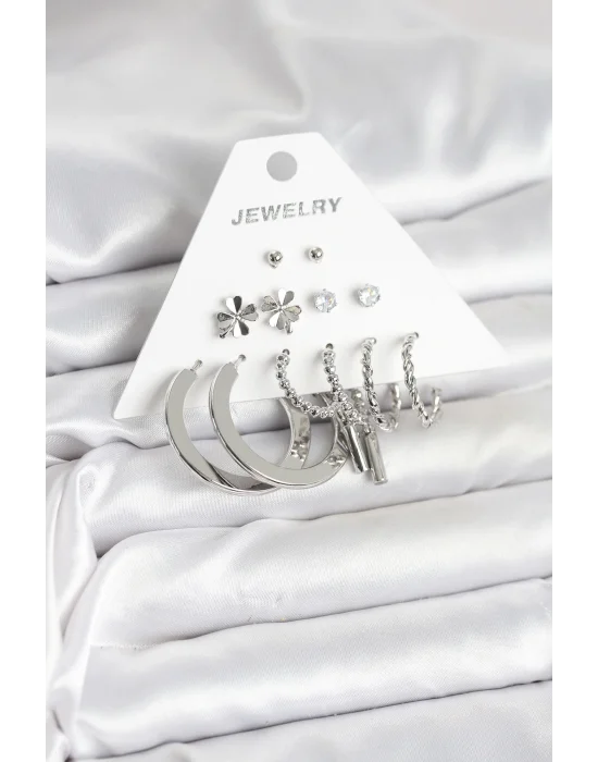 Pirinç Gümüş Renk 6 Çift Kadın Küpe Seti