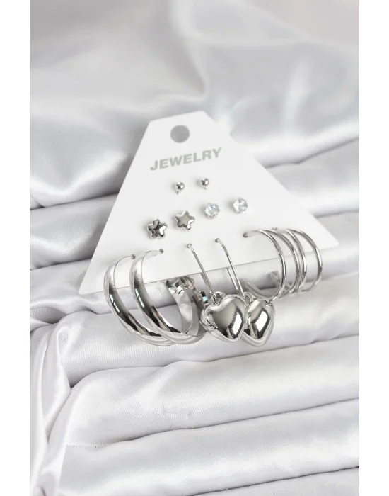 Pirinç Gümüş Renk 6 Çift Kadın Küpe Seti