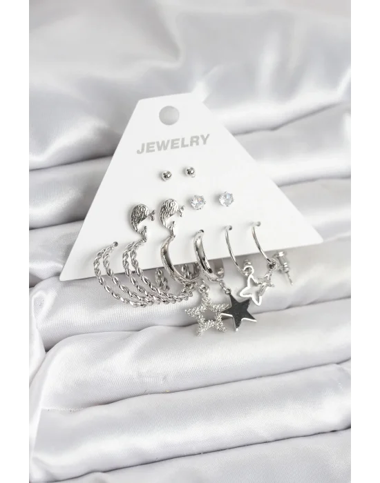 Pirinç Gümüş Renk 6lı Kadın Küpe Seti