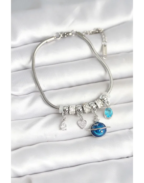 Pirinç Gümüş Renk Dünya Charmlı Kadın Bileklik