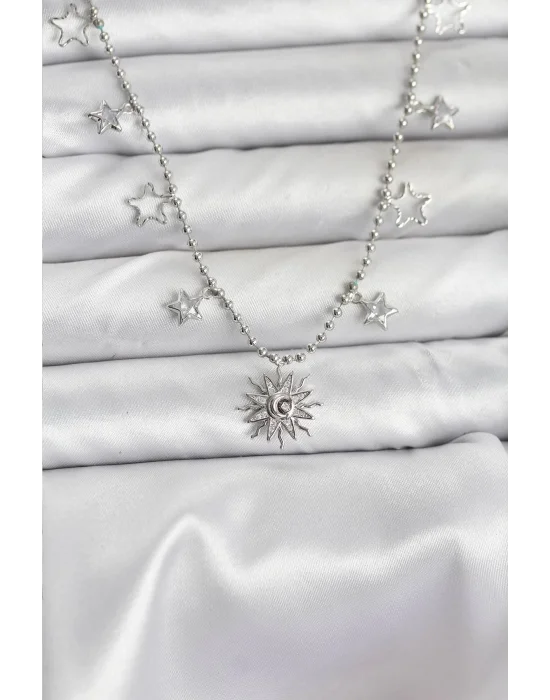 Pirinç Gümüş Renk Güneş Model Kadın Kolye