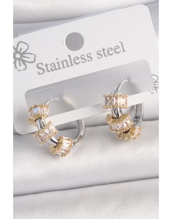 Pirinç Gümüş Renk Halka Gold Zirkon Taşlı Model Kadın Küpe