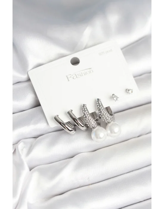 Pirinç Gümüş Renk İncili 925 Ayar Gümüş Çivi Kadın Küpe Seti