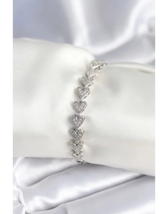 Pirinç Gümüş Renk Kalp Model Kadın Bileklik