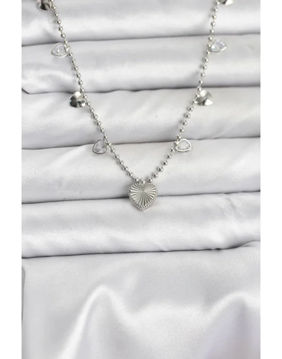 Pirinç Gümüş Renk Kalp Model Kadın Kolye