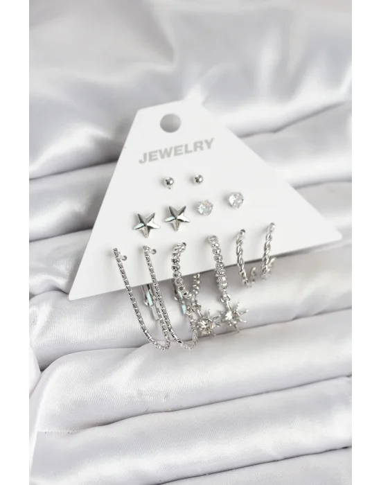 Pirinç Gümüş Renk Küpe Seti 6lı