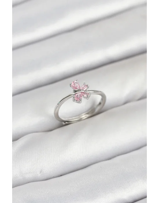 Pirinç Gümüş Renk Pembe Kelebek Kadın Yüzük