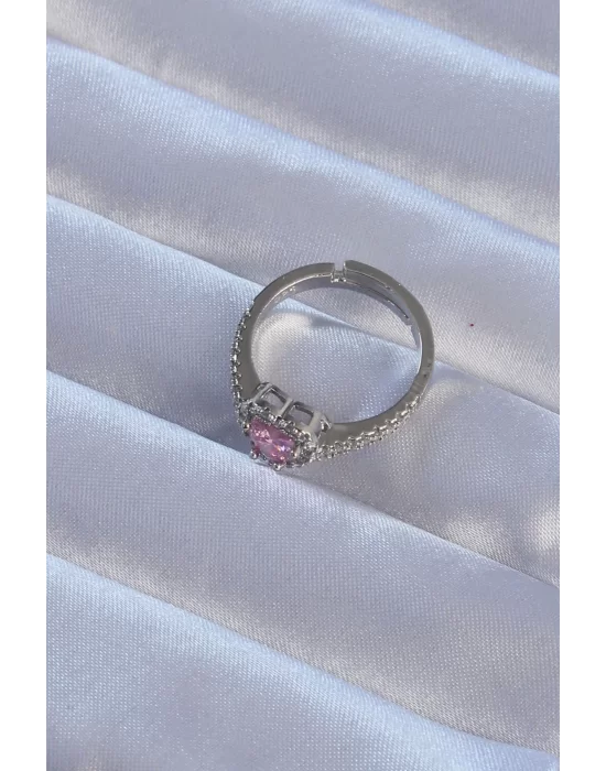 Pirinç Gümüş Renk Pembe Zirkon Taşlı Ayarlanabilir Charm Yüzük