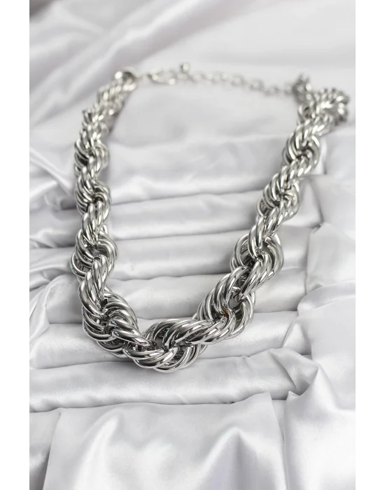 Pirinç Gümüş Renk Sarmal Halat Model Kadın Kolye