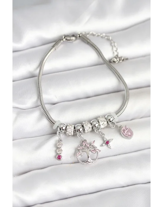 Pirinç Gümüş Renk Yaşam Ağacı Charmlı Kadın Bileklik