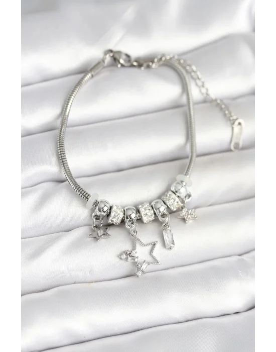 Pirinç Gümüş Renk Yıldız Charmlı Kadın Bileklik