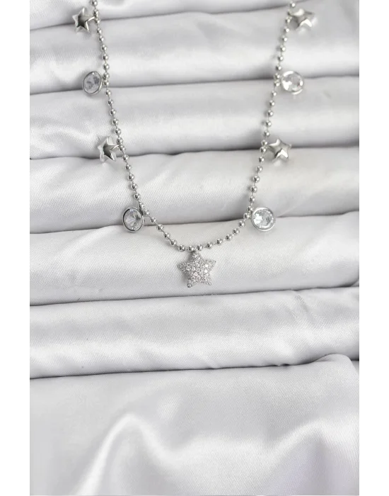 Pirinç Gümüş Renk Yıldız Model Kadın Kolye