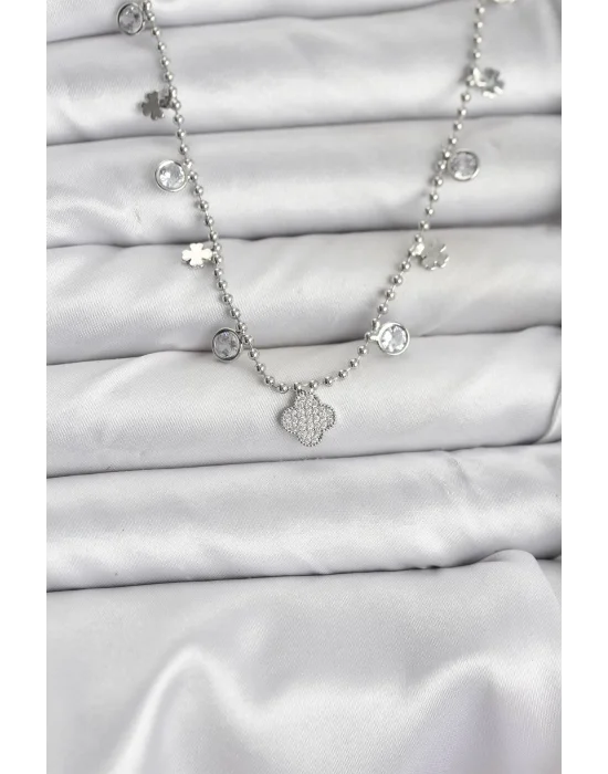 Pirinç Gümüş Renk Yonca Model Kadın Kolye