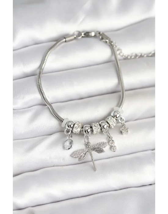 Pirinç Gümüş Renk Yusufçuk Charmlı Kadın Bileklik