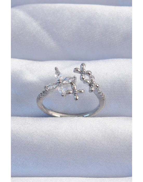 Pirinç Gümüş Renk Zirkon Taşlı Çiçek Model Ayarlanabilir Yüzük