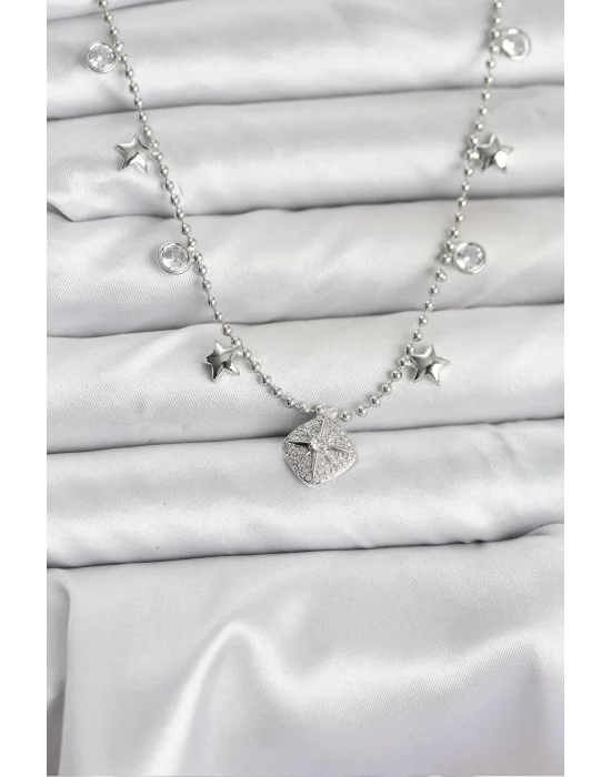 Pirinç Gümüş Renk Zirkon Taşlı Kutup Yıldızı Model Kadın Kolye