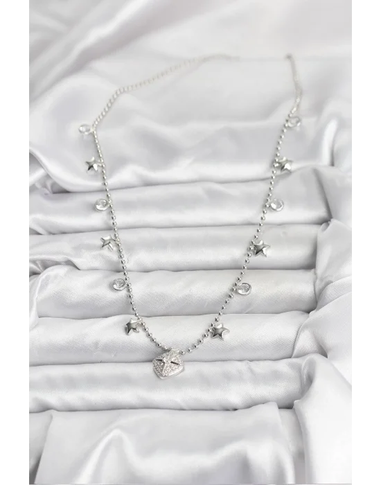 Pirinç Gümüş Renk Zirkon Taşlı Kutup Yıldızı Model Kadın Kolye