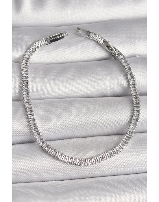 Pirinç Gümüş Renk Zirkon Taşlı Su Yolu Model Kadın Bileklik