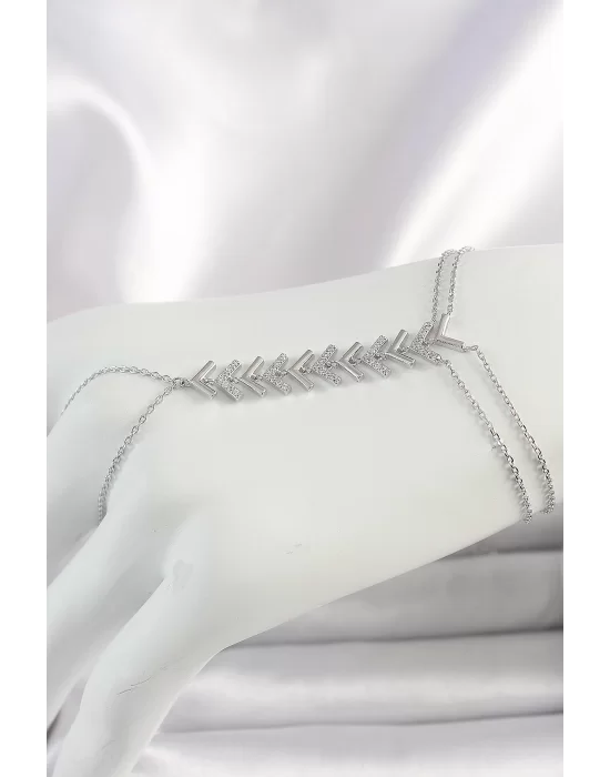 Pirinç Gümüş Renk Zirkon Taşlı V Model Kadın Şahmeran