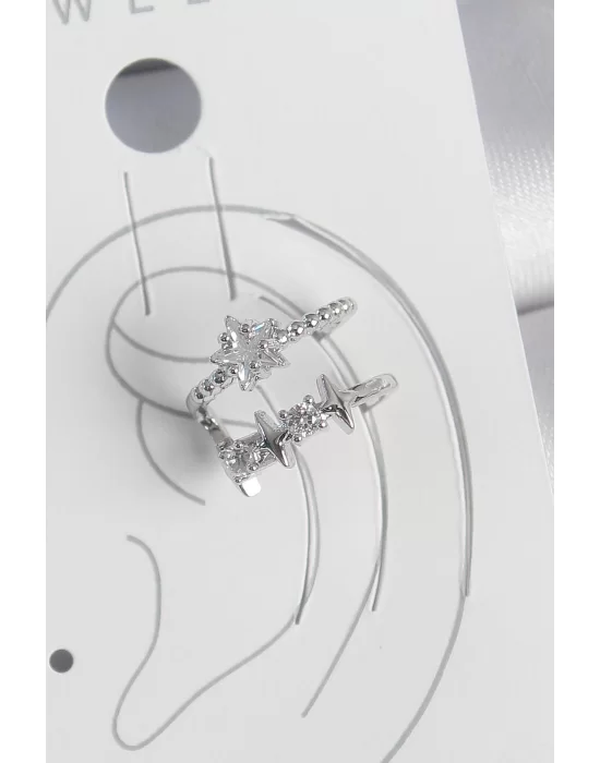 Pirinç Gümüş Renk Zirkon Taşlı Yıldız Model Kadın Kıkırdak Küpe