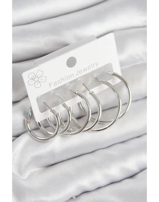 Pirinç Halka Model Gümüş Renk Kadın Set Küpe