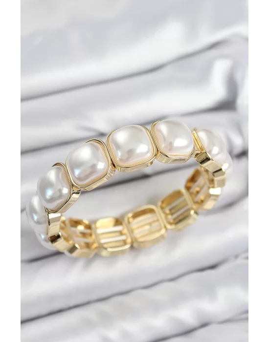 Pirinç Kare İnci Model Gold Renk Lastikli Kadın Bileklik