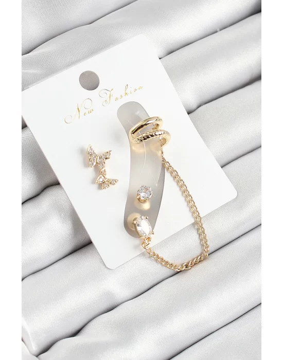 Pirinç Kelebek Figürlü Zirkon Taşlı Gold Renk 3lü Kıkırdak Kadın Küpe Set