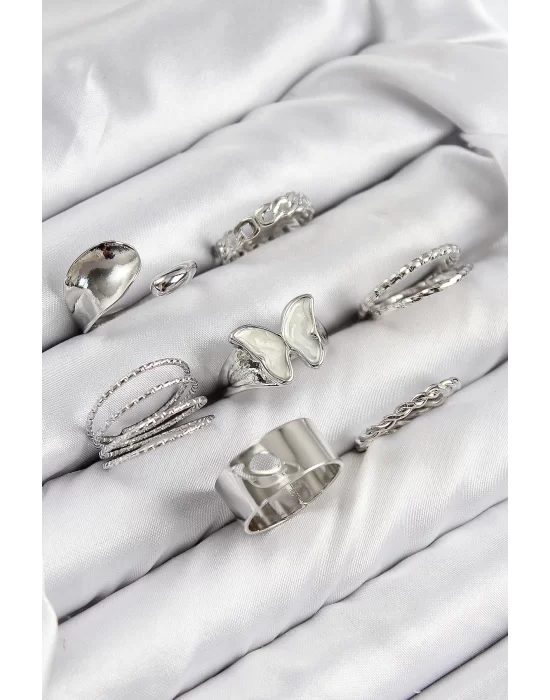 Pirinç Kelebek Model Gümüş Renk Kadın Yüzük Kombin Set