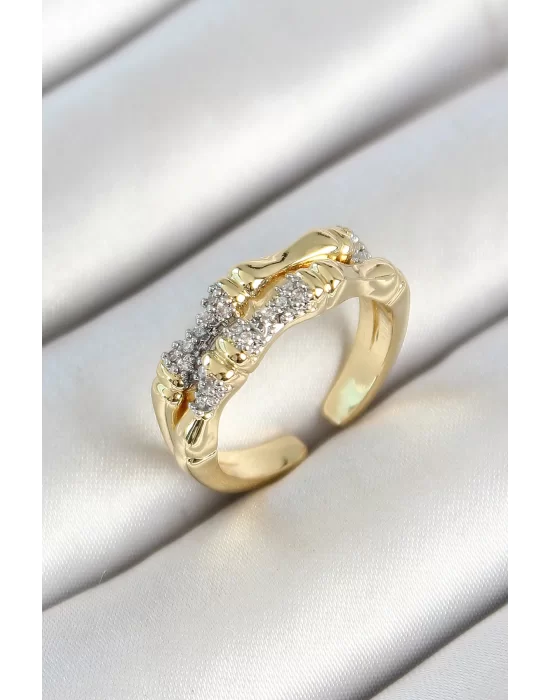Pirinç Kemik Figürlü Zirkon Taşlı Gold Renk Ayarlanabilir Kadın Yüzük