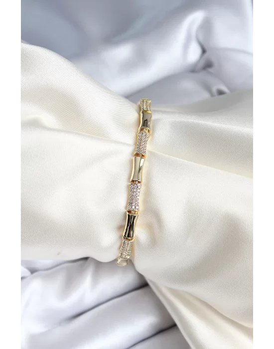 Pirinç Kemik Model Zirkon Taşlı Gold Renk Kadın Bileklik