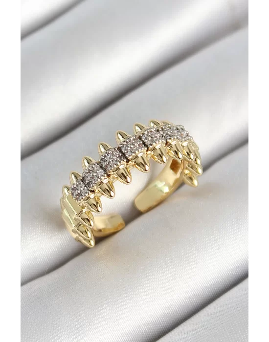 Pirinç Kurşun Figürlü Zirkon Taşlı Gold Renk Ayarlanabilir Kadın Yüzük