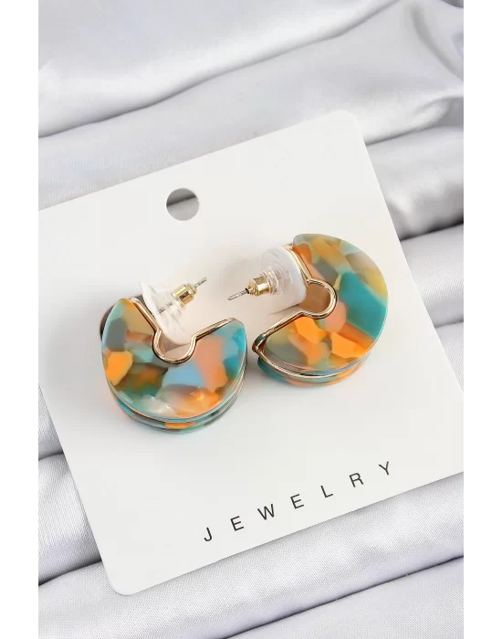 Pirinç Mermer Desenli Vintage Yarım Halka Model Gold Renk Kadın Küpe