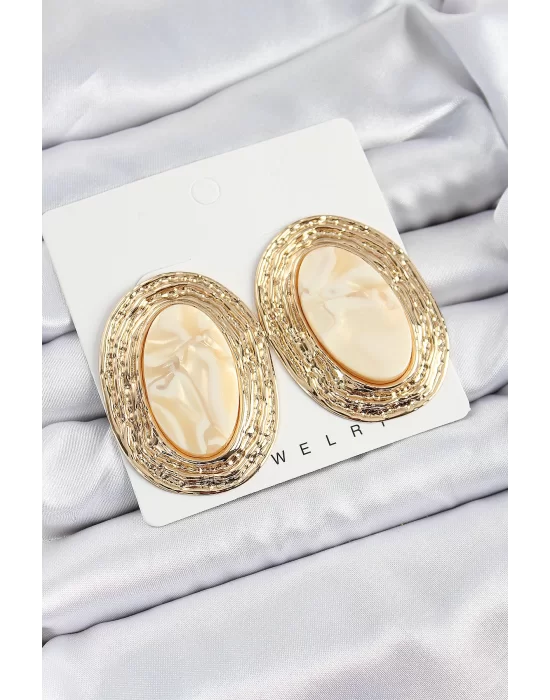 Pirinç Mermer Desenlli Bej Sedef Oval Vintage Model Gold Renk Kadın Küpe
