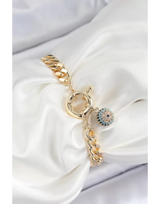 Pirinç Nazar Model Zirkon Taşlı Gold Renk VİP Seri Kadın Bileklik