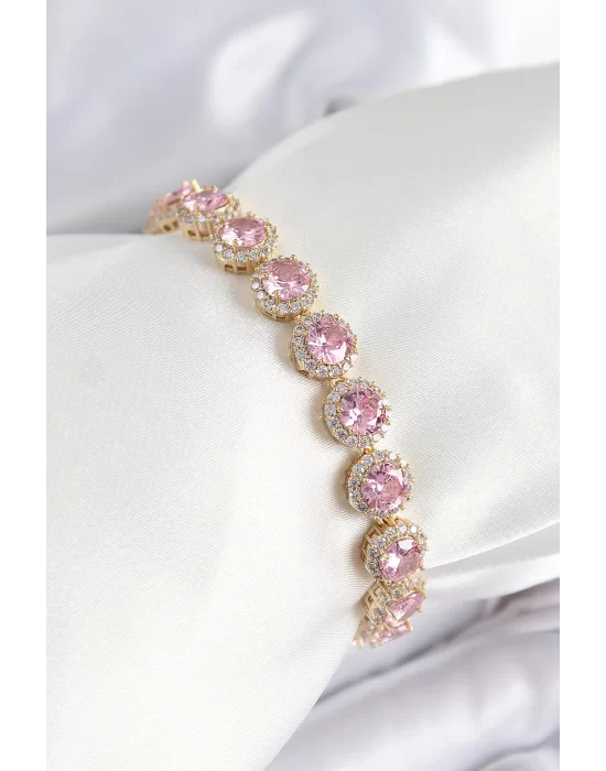 Pirinç Pembe Zirkon Taşlı Daire Baget Model Gold Renk VIP Seri Kadın Bileklik