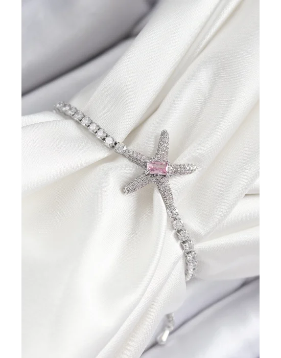 Pirinç Pembe Zirkon Taşlı Deniz Yıldızı Model Gümüş Renk Asansörlü Kadın Bileklik