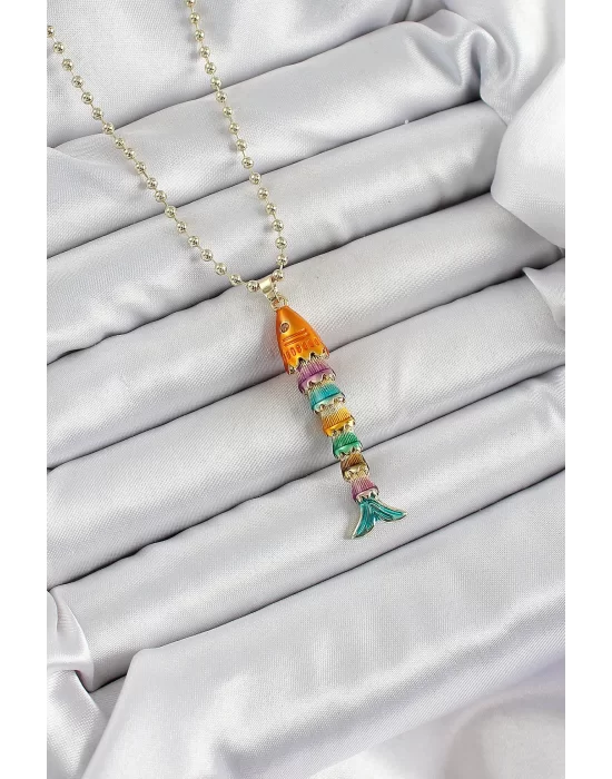 Pirinç Rainbow Balık Model Zirkon Taşlı Gold Renk Kadın Kolye