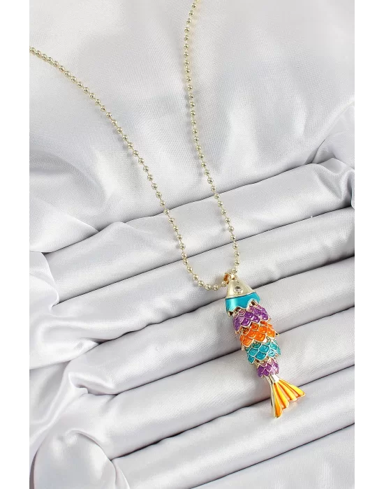 Pirinç Rainbow Balık Model Zirkon Taşlı Gold Renk Kadın Kolye