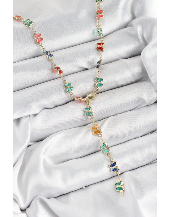 Pirinç Renkli Zirkon Taşlı Kelebek Model Gold Renk Kadın Y Kolye