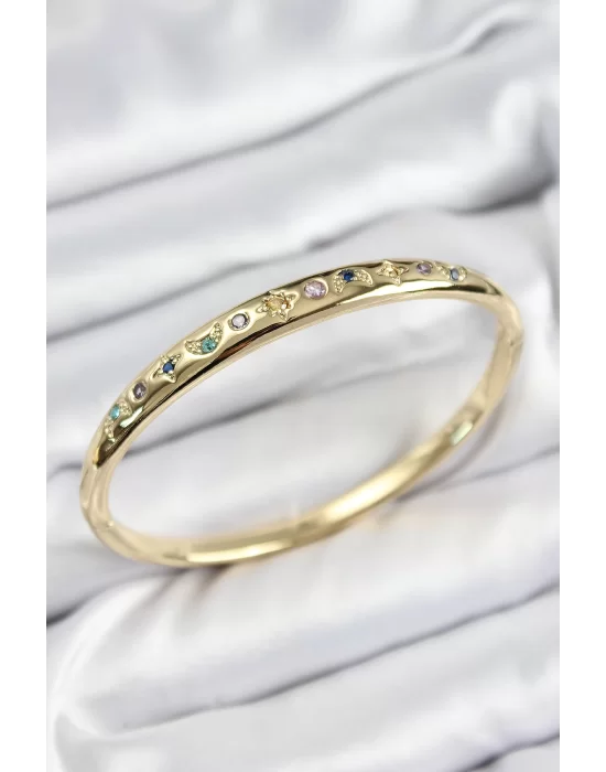 Pirinç Renkli Zirkon Taşlı Kutup Yıldızı Ve Hilal Model Gold Renk Kadın Kelepçe