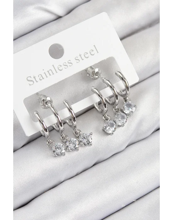 Pirinç Sallantılı Zirkon Taşlı Model Gümüş Renk Kadın Küpe