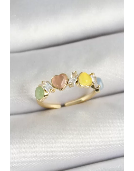 Pirinç Sıralı Kalp Figürlü Zirkon Taşlı Gold Renk Ayarlanabilir Kadın Yüzük