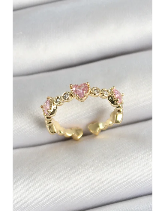 Pirinç Sıralı Kalp Figürlü Zirkon Taşlı Gold Renk Ayarlanabilir Kadın Yüzük